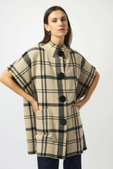 Joseph Ribkoff Jacquard Sweater Knit Plaid Poncho 253903 | Champagne/Black