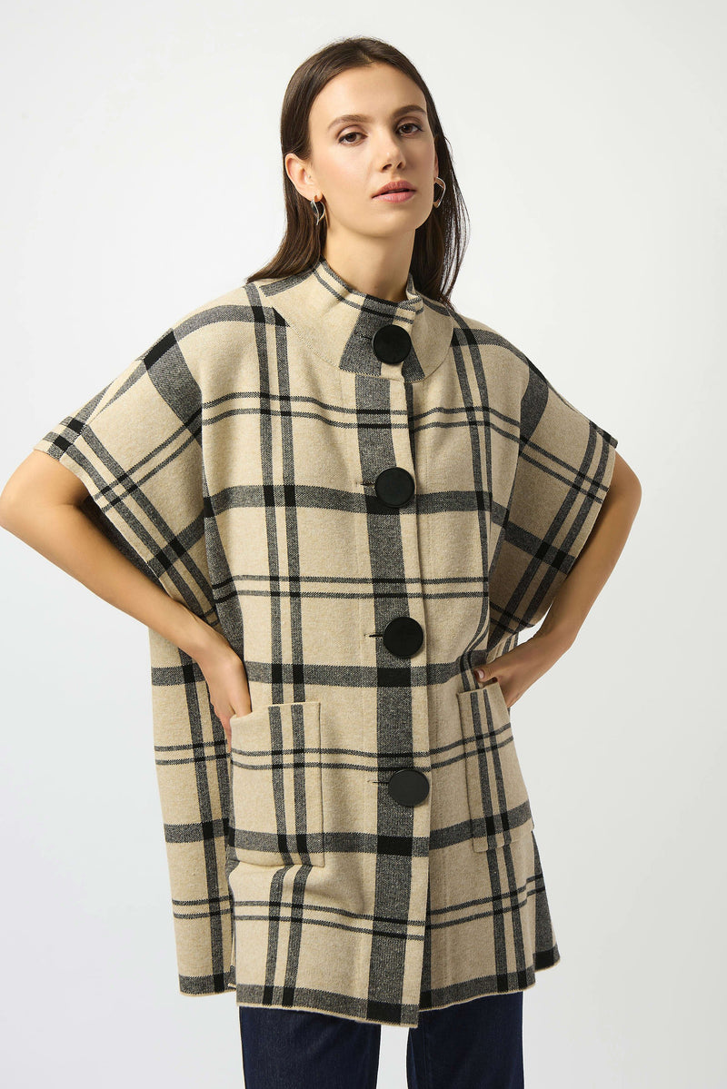 Joseph Ribkoff Jacquard Sweater Knit Plaid Poncho 253903 | Champagne/Black
