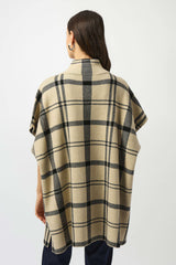 Joseph Ribkoff Jacquard Sweater Knit Plaid Poncho 253903 | Champagne/Black