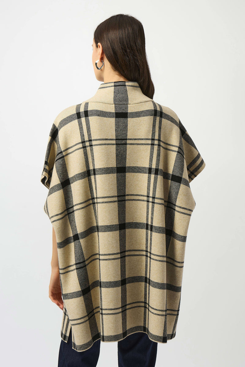 Joseph Ribkoff Jacquard Sweater Knit Plaid Poncho 253903 | Champagne/Black