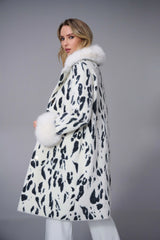 Joseph Ribkoff Feather Yarn Animal Jacquard Coat with Faux Fur Trim 253904 Winter White/Black
