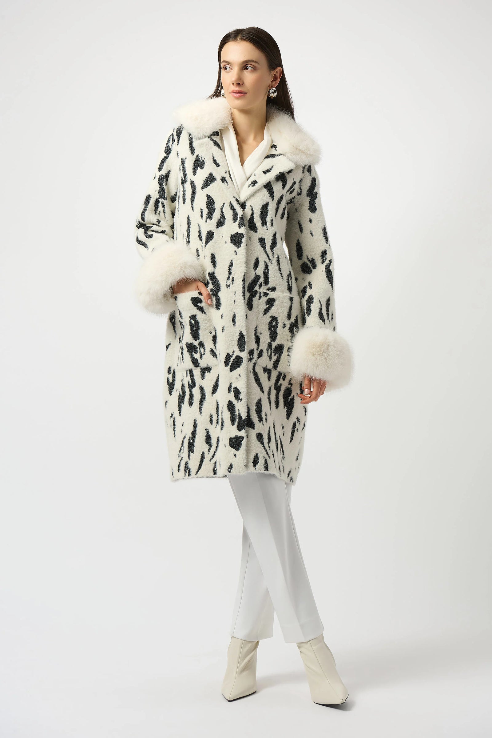 Joseph Ribkoff Feather Yarn Animal Jacquard Coat with Faux Fur