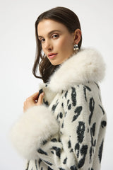 Joseph Ribkoff Feather Yarn Animal Jacquard Coat with Faux Fur Trim 253904 Winter White/Black