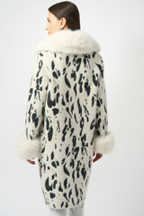 Joseph Ribkoff Feather Yarn Animal Jacquard Coat with Faux Fur Trim 253904 Winter White/Black