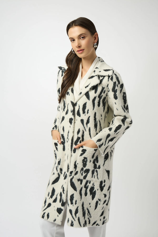 Joseph Ribkoff Feather Yarn Animal Jacquard Coat with Faux Fur Trim 253904 Winter White/Black