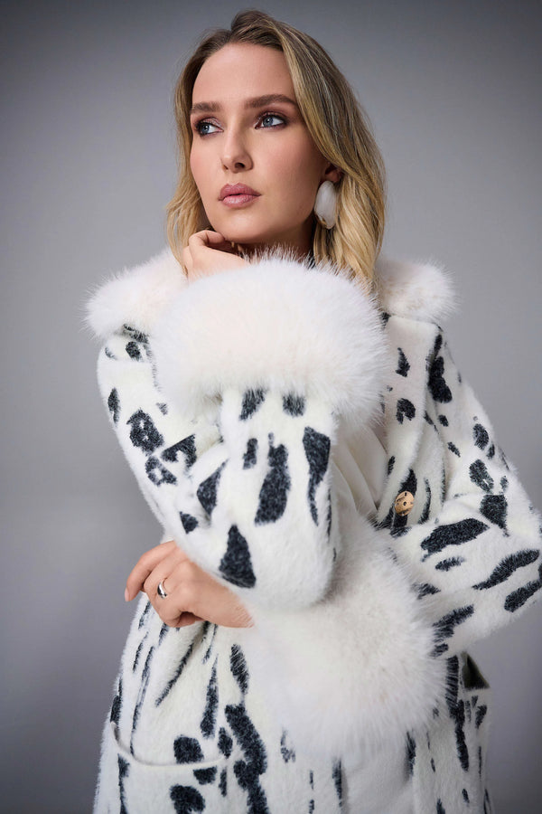 Joseph Ribkoff Feather Yarn Animal Jacquard Coat with Faux Fur Trim 253904 Winter White/Black