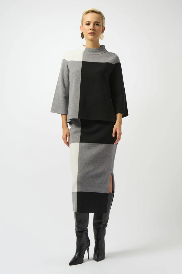 Joseph Ribkoff Jacquard Sweater Color Block Pullover 253907 Black/Grey/Vanilla