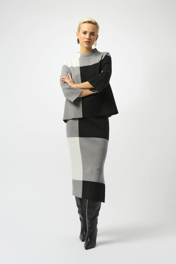 Joseph Ribkoff Jacquard Sweater Color Block Skirt 253908 Black/Grey/Vanilla