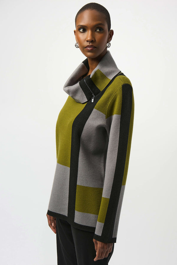 Joseph Ribkoff Jacquard Sweater Color Block Pullover 253911 Black/Artichoke/Grey