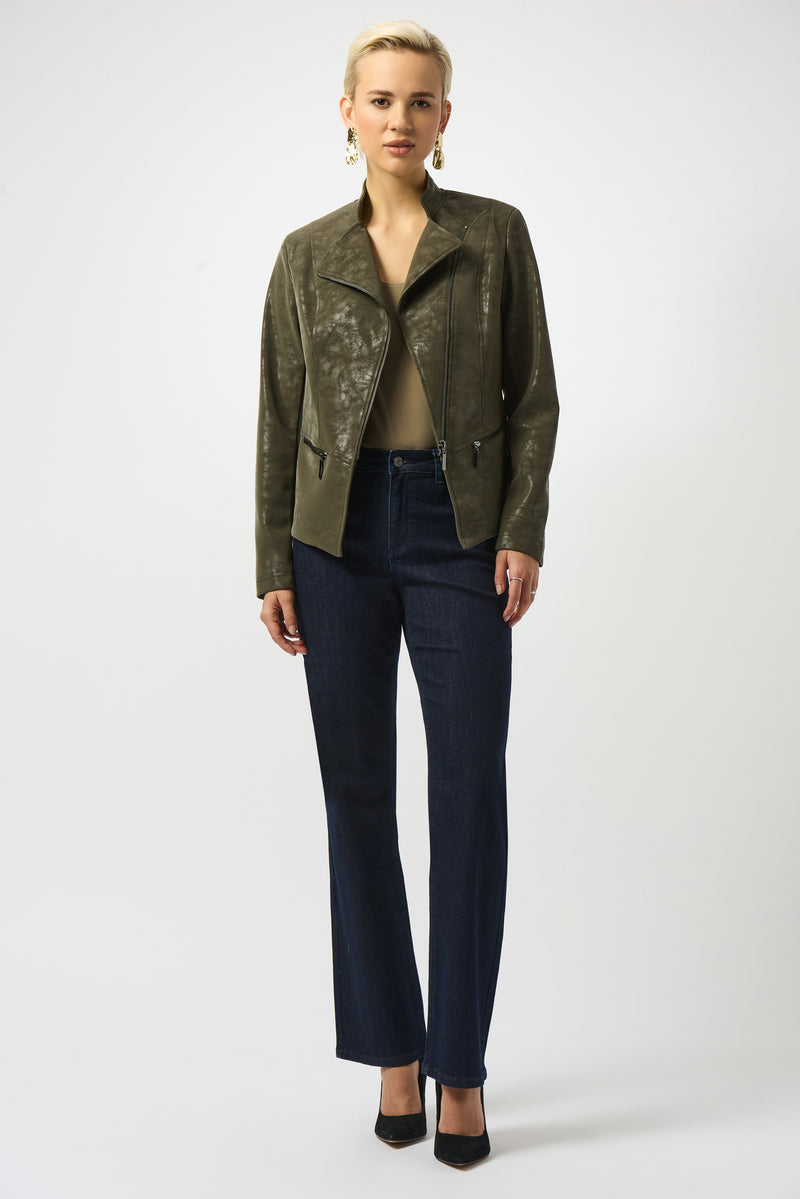 Joseph Ribkoff Foiled Faux Suede Fitted Moto Jacket 253915 Avocado