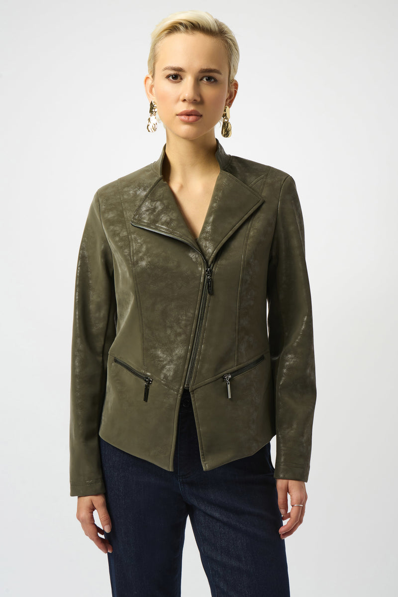 Joseph Ribkoff Foiled Faux Suede Fitted Moto Jacket 253915 Avocado