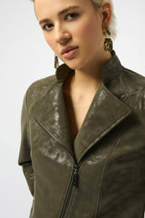Joseph Ribkoff Foiled Faux Suede Fitted Moto Jacket 253915 Avocado