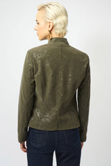 Joseph Ribkoff Foiled Faux Suede Fitted Moto Jacket 253915 Avocado