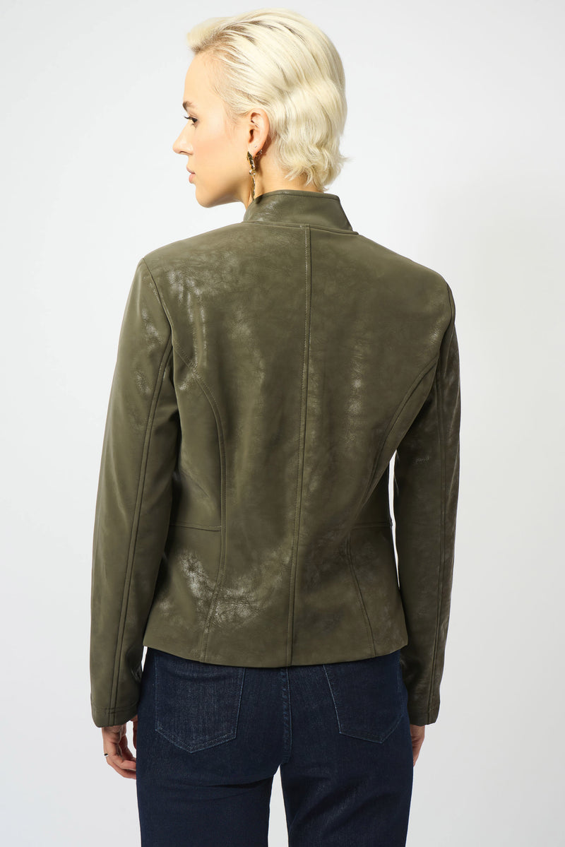Joseph Ribkoff Foiled Faux Suede Fitted Moto Jacket 253915 Avocado