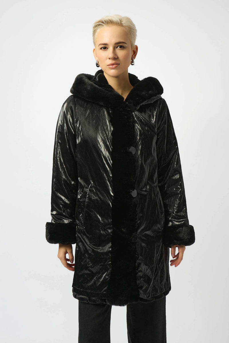 Joseph Ribkoff Faux Fur Reversible Hooded Coat 253926 Black