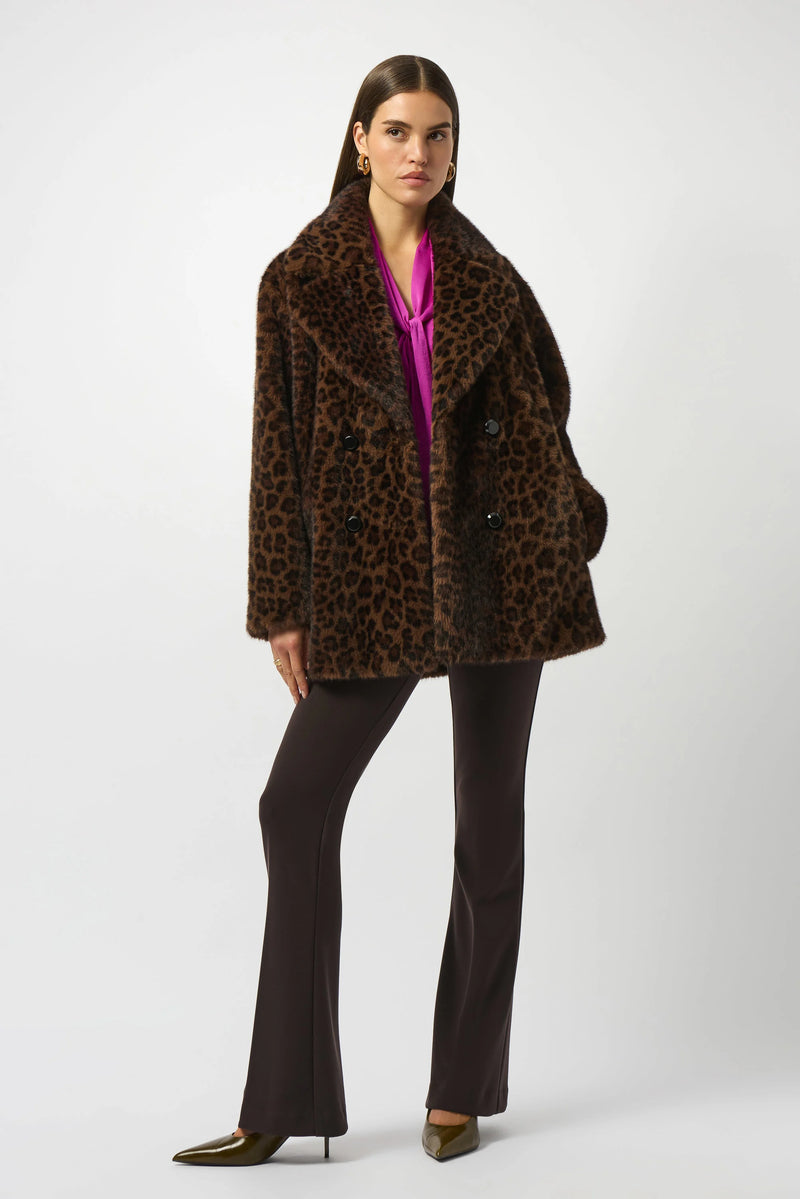 Joseph Ribkoff Faux Fur Leopard Print Double-Breasted Coat 253937 Beige/Black