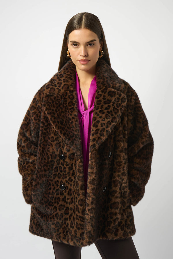 Joseph Ribkoff Faux Fur Leopard Print Double-Breasted Coat 253937 Beige/Black