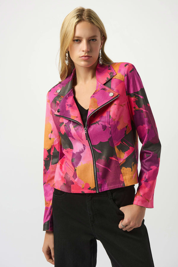 Joseph Ribkoff Foiled Faux Suede Abstract Print Fitted Jacket 253954 Black/Multi