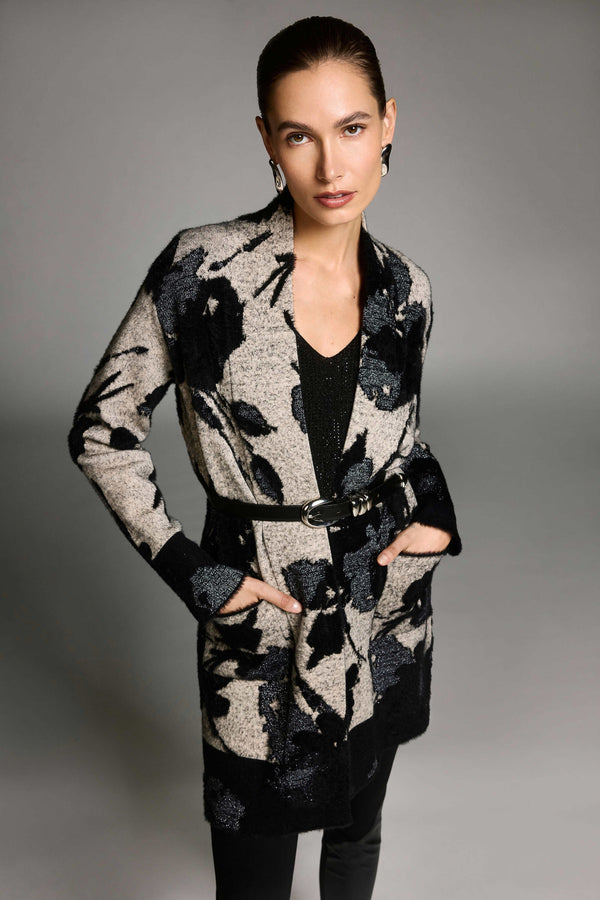 Joseph Ribkoff Abstract Jacquard Sweater Knit Long Cardigan 253956 Champagne/Black