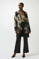 Joseph Ribkoff Abstract Jacquard Sweater Knit Long Cardigan 253956 Champagne/Black