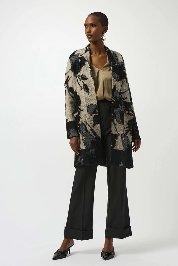 Joseph Ribkoff Abstract Jacquard Sweater Knit Long Cardigan 253956 Champagne/Black