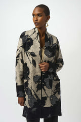 Joseph Ribkoff Abstract Jacquard Sweater Knit Long Cardigan 253956 Champagne/Black