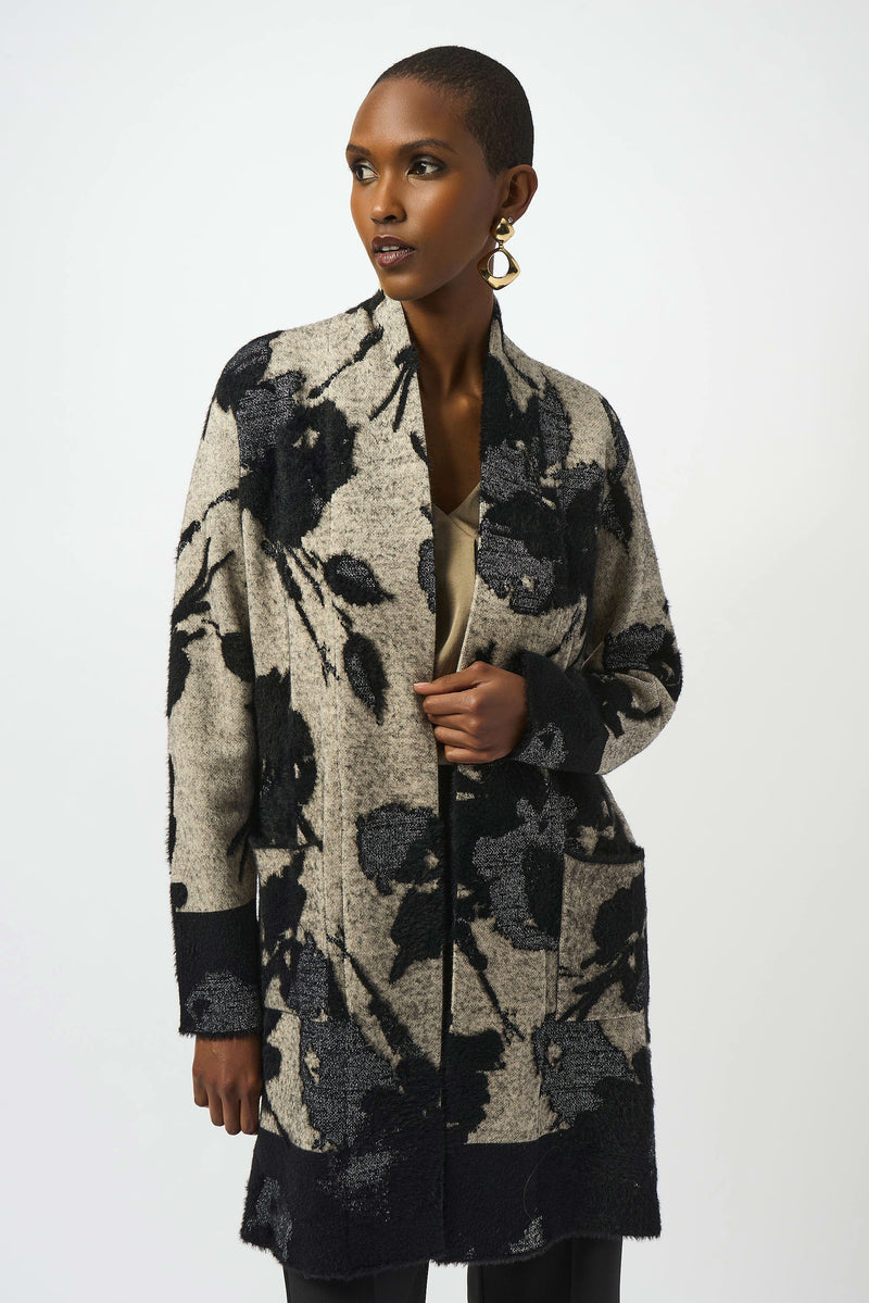 Joseph Ribkoff Abstract Jacquard Sweater Knit Long Cardigan 253956 Champagne/Black
