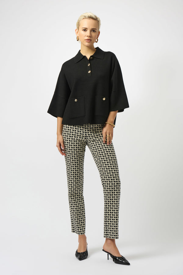 Joseph Ribkoff Sweater Knit Boxy Pullover with Polo Collar 253962 Black