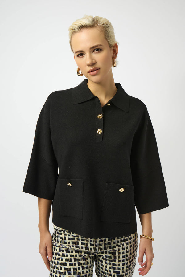 Joseph Ribkoff Sweater Knit Boxy Pullover with Polo Collar 253962 Black