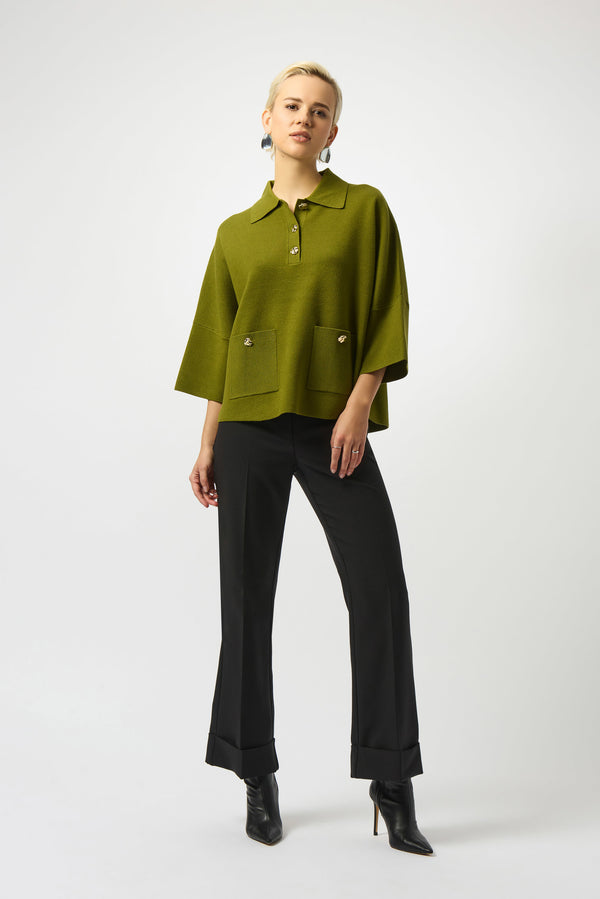 Joseph Ribkoff Sweater Knit Boxy Pullover with Polo Collar 253962 Artichoke
