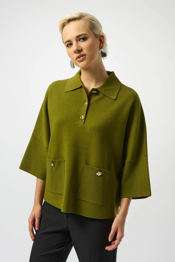Joseph Ribkoff Sweater Knit Boxy Pullover with Polo Collar 253962 Artichoke