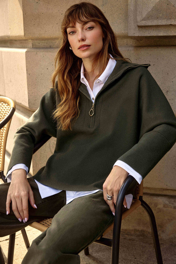 Joseph Ribkoff Sweater Knit Boxy Pullover with Zipped Collar 253963 Avocado