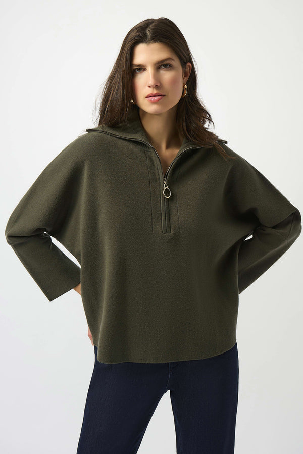 Joseph Ribkoff Sweater Knit Boxy Pullover with Zipped Collar 253963 Avocado