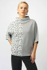 Joseph Ribkoff Jacquard Knit Mixed Print Boxy Sweater 253981 Vanilla/Grey