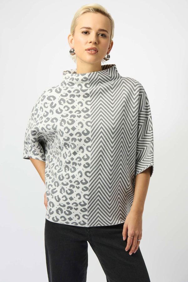 Joseph Ribkoff Jacquard Knit Mixed Print Boxy Sweater 253981 Vanilla/Grey