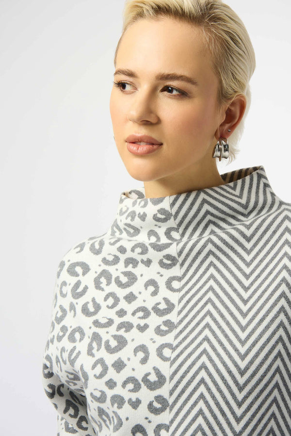 Joseph Ribkoff Jacquard Knit Mixed Print Boxy Sweater 253981 Vanilla/Grey