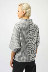 Joseph Ribkoff Jacquard Knit Mixed Print Boxy Sweater 253981 Vanilla/Grey