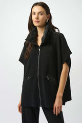 Joseph Ribkoff Faux Leather Trimmed Poncho Sleeve Jacket 253998 Black