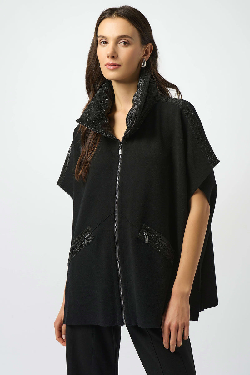 Joseph Ribkoff Faux Leather Trimmed Poncho Sleeve Jacket 253998 Black