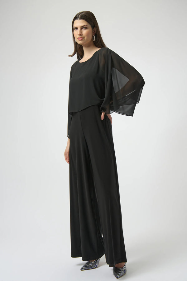 Joseph Ribkoff Silky Knit and Chiffon Wide Leg Jumpsuit 254055 Black