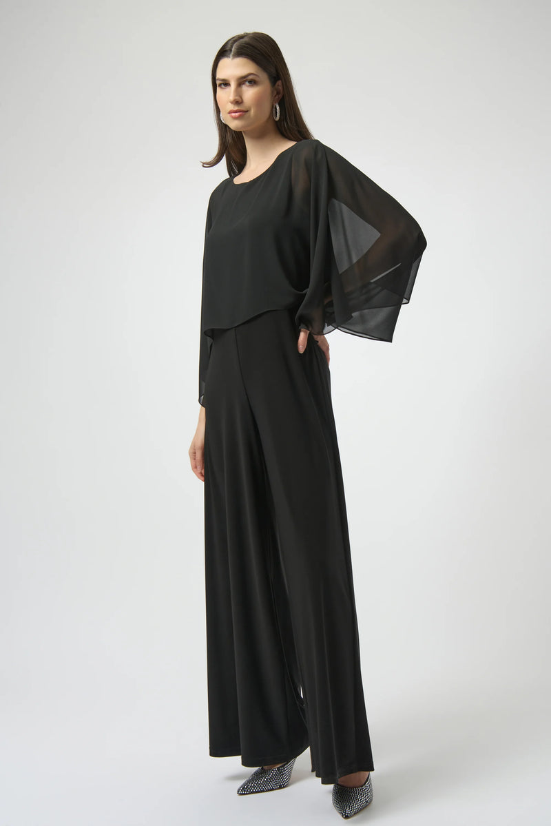 Joseph Ribkoff Silky Knit and Chiffon Wide Leg Jumpsuit 254055 Black