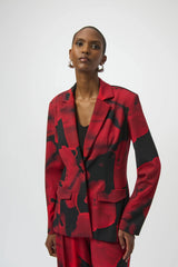 Joseph Ribkoff Silky Knit Abstract Print Straight Blazer 254092 Black/Red