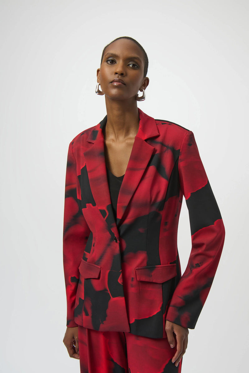 Joseph Ribkoff Silky Knit Abstract Print Straight Blazer 254092 Black/Red