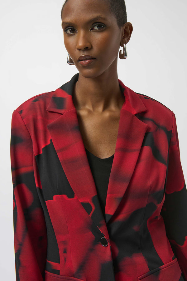 Joseph Ribkoff Silky Knit Abstract Print Straight Blazer 254092 Black/Red