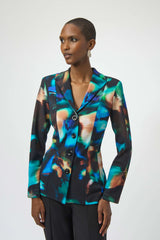 Joseph Ribkoff Silky Knit Abstract Print Fitted Blazer 254104 Black/Multi