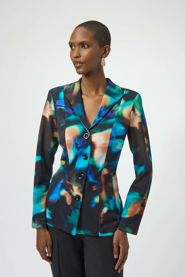 Joseph Ribkoff Silky Knit Abstract Print Fitted Blazer 254104 Black/Multi
