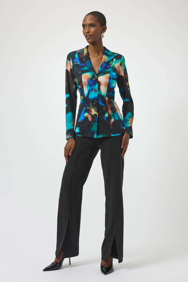 Joseph Ribkoff Silky Knit Abstract Print Fitted Blazer 254104 Black/Multi