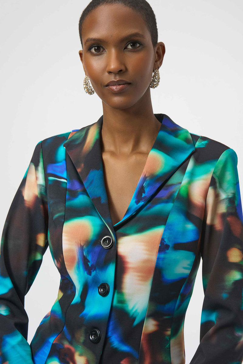 Joseph Ribkoff Silky Knit Abstract Print Fitted Blazer 254104 Black/Multi
