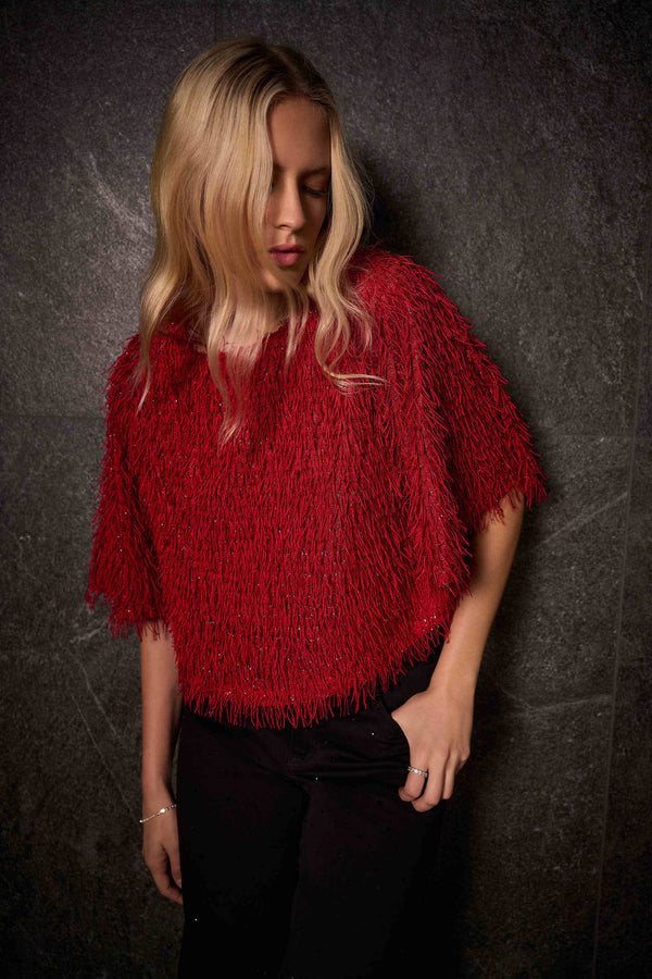 Joseph Ribkoff Novelty Fringe Boxy Top 254105 Red