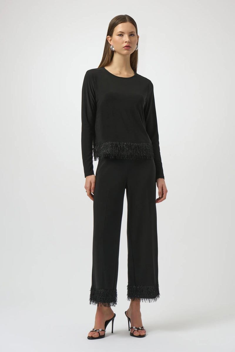 Joseph Ribkoff Silky Knit Culotte with Novelty Fringe Hem 254147 Black
